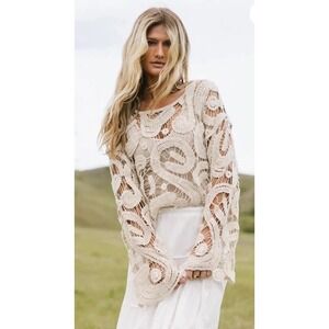 Aaron & Amber No Worries Crochet Top Large Cream Scalloped Paisley Boho Boxy NWT